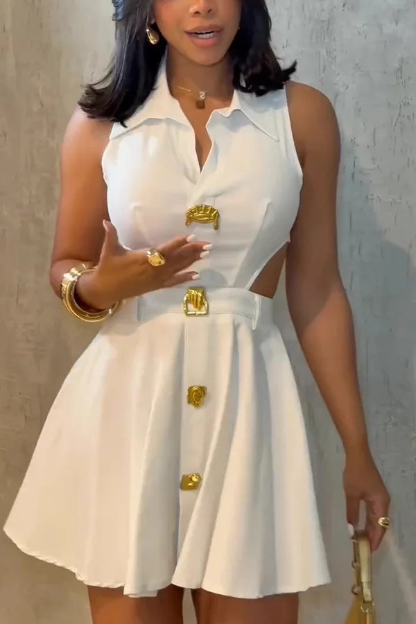 Ladies' Lapel Splicing Hollow Metal Button Temperament and Leisure Dress