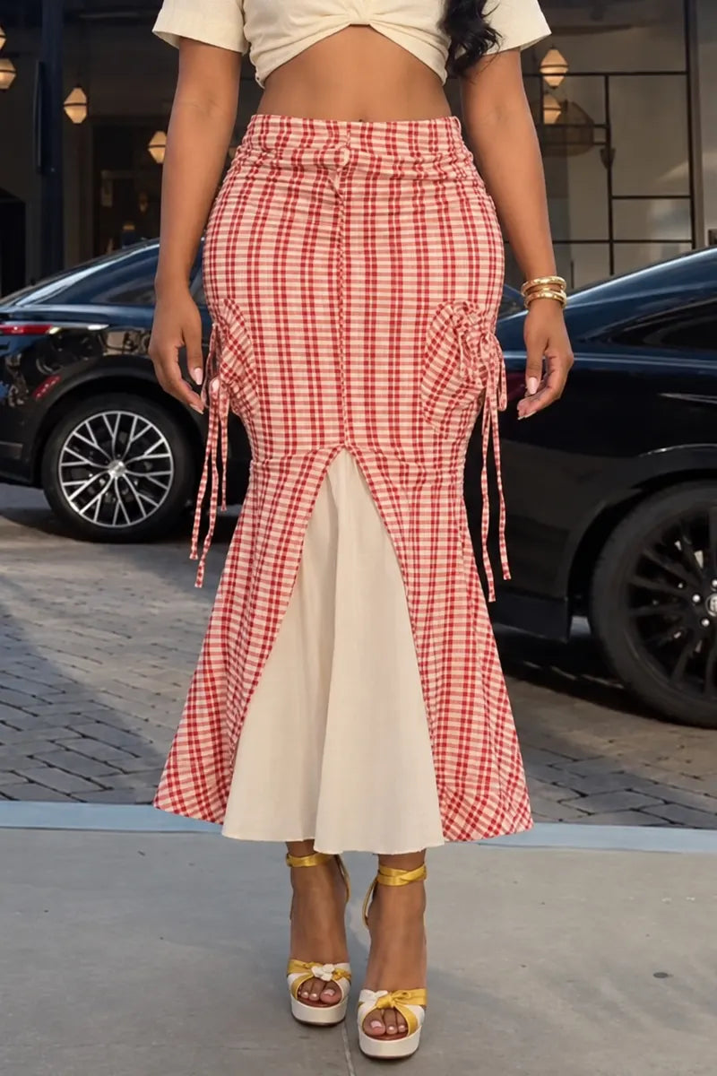 Women's Red Gingham Ruched Mermaid Midi Skirt