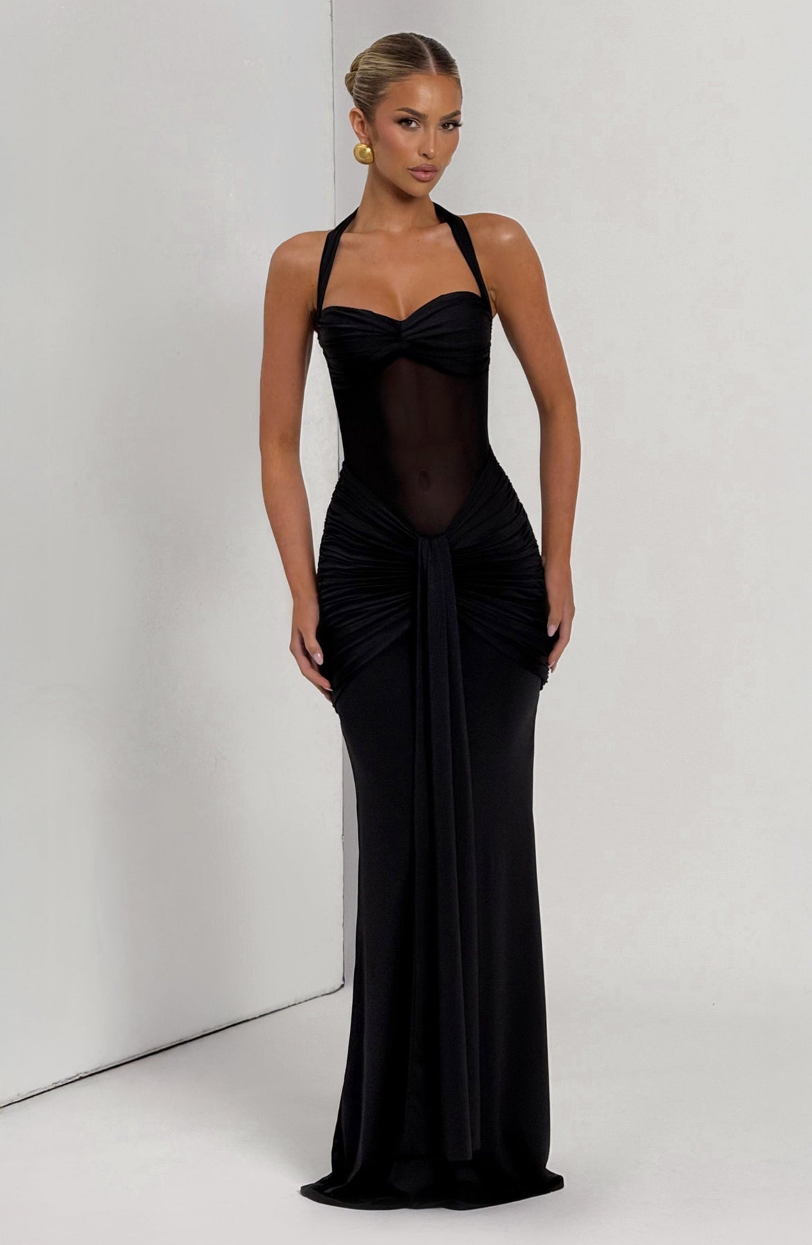 Amalina — Sheer Mesh Maxi Dress with Ruched Waist for Summer Nights