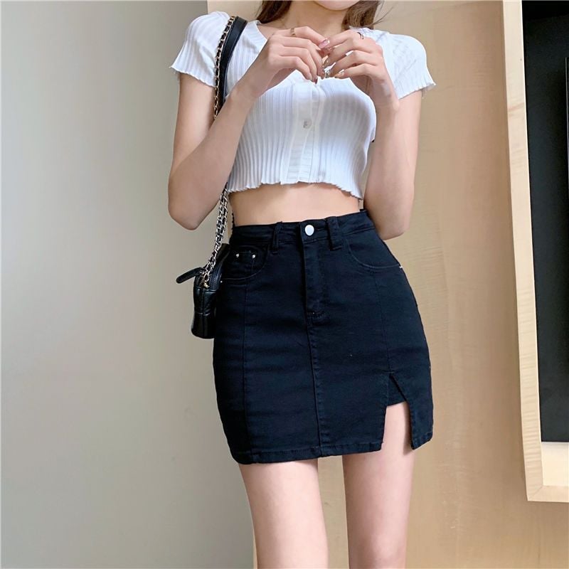 🔥Skorts Skirts for Women Denim Mini Skirt Side Slit with High Waisted Jean Shorts Stretchy