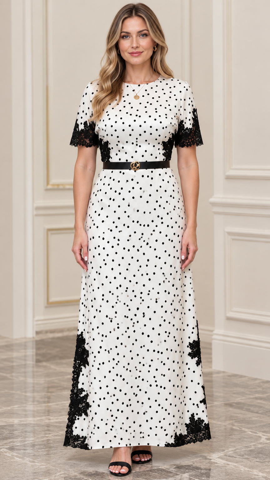 Women's Polka Dot Lace-Trim Maxi Dress with Belt