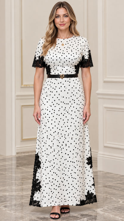 Women's Polka Dot Lace-Trim Maxi Dress with Belt