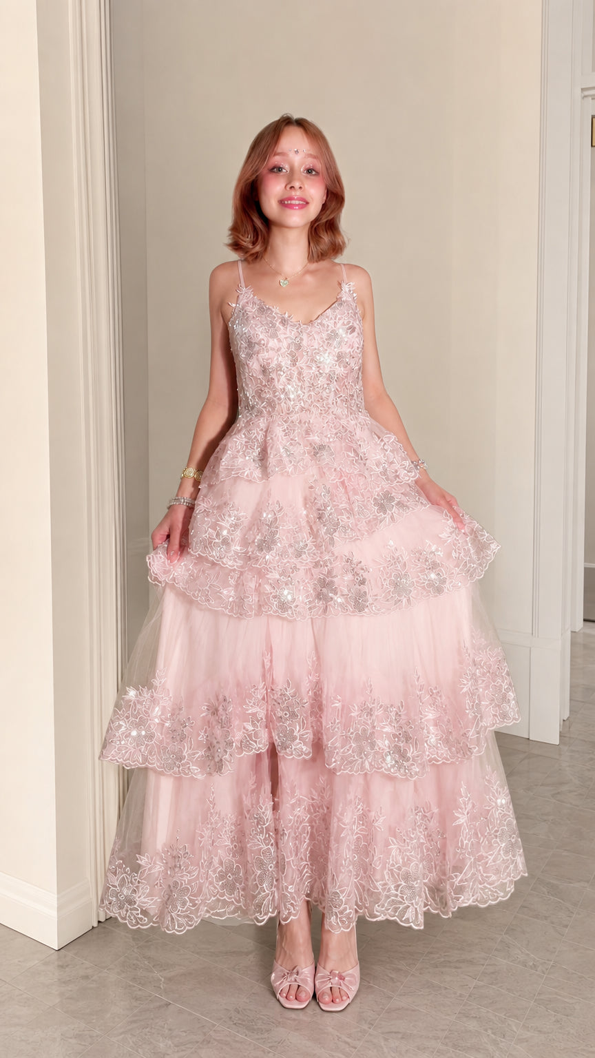 Women's Sequined Tiered Tulle Maxi Evening Gown