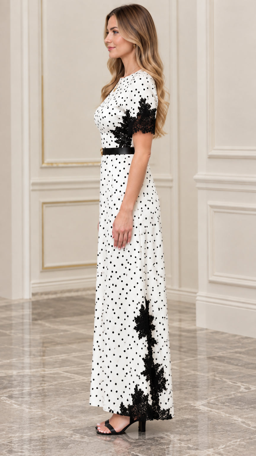 Women's Polka Dot Lace-Trim Maxi Dress with Belt