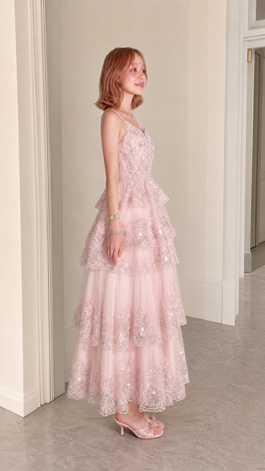 Women's Sequined Tiered Tulle Maxi Evening Gown