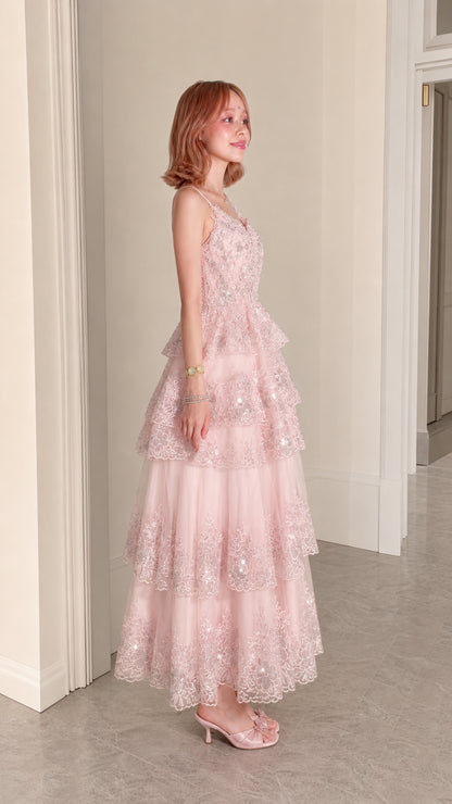 Women's Sequined Tiered Tulle Maxi Evening Gown