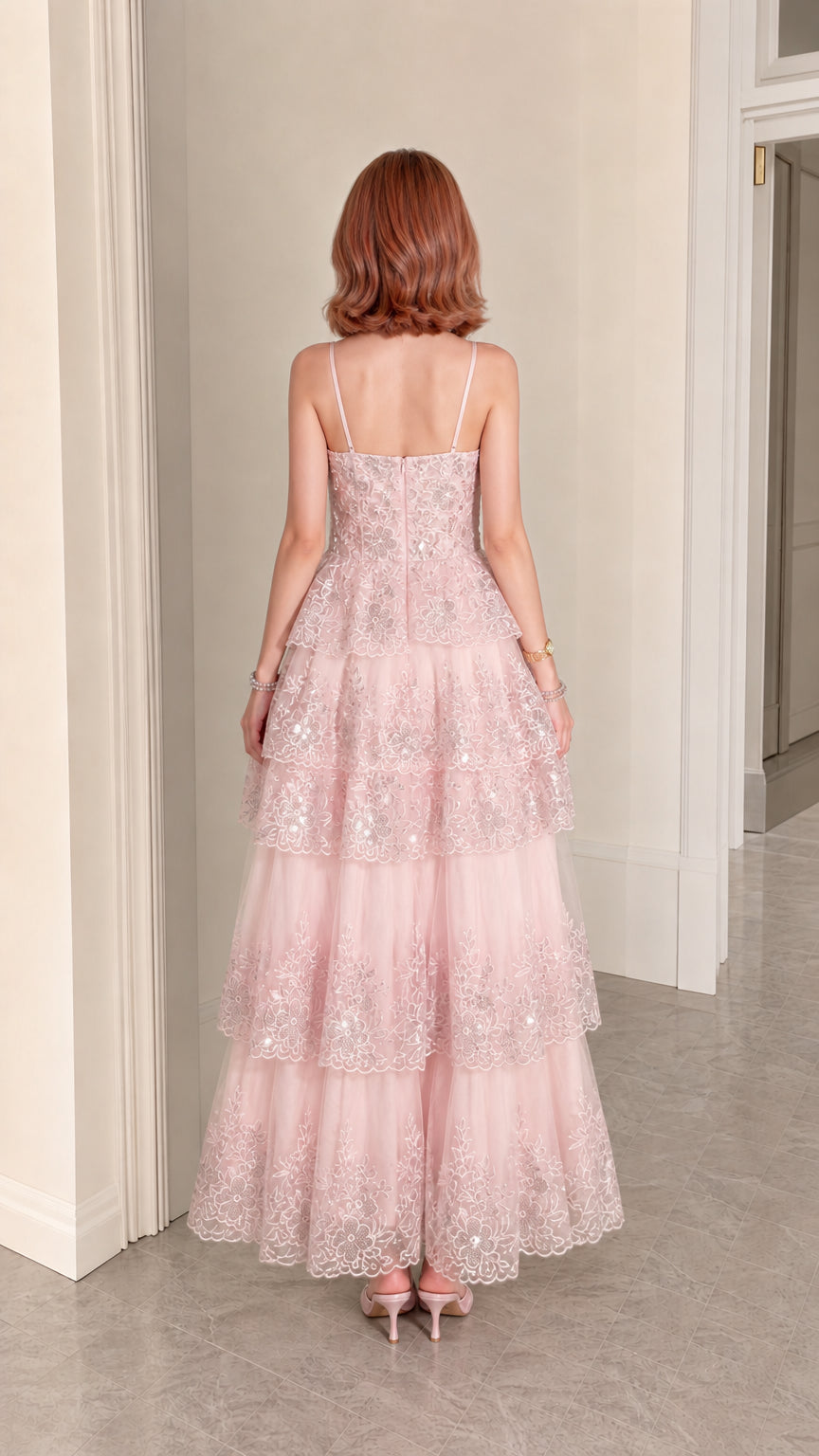 Women's Sequined Tiered Tulle Maxi Evening Gown