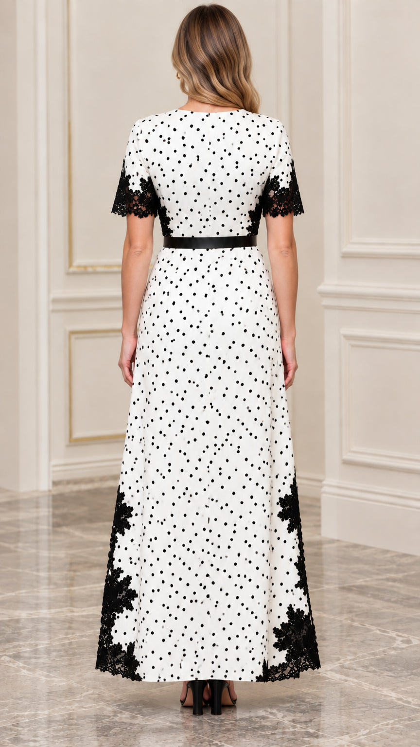 Women's Polka Dot Lace-Trim Maxi Dress with Belt