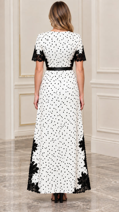 Women's Polka Dot Lace-Trim Maxi Dress with Belt