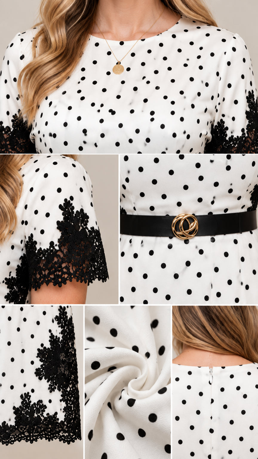Women's Polka Dot Lace-Trim Maxi Dress with Belt