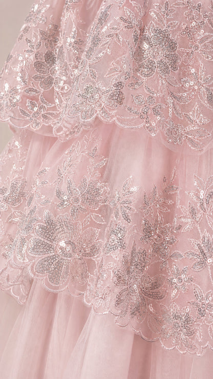Women's Sequined Tiered Tulle Maxi Evening Gown