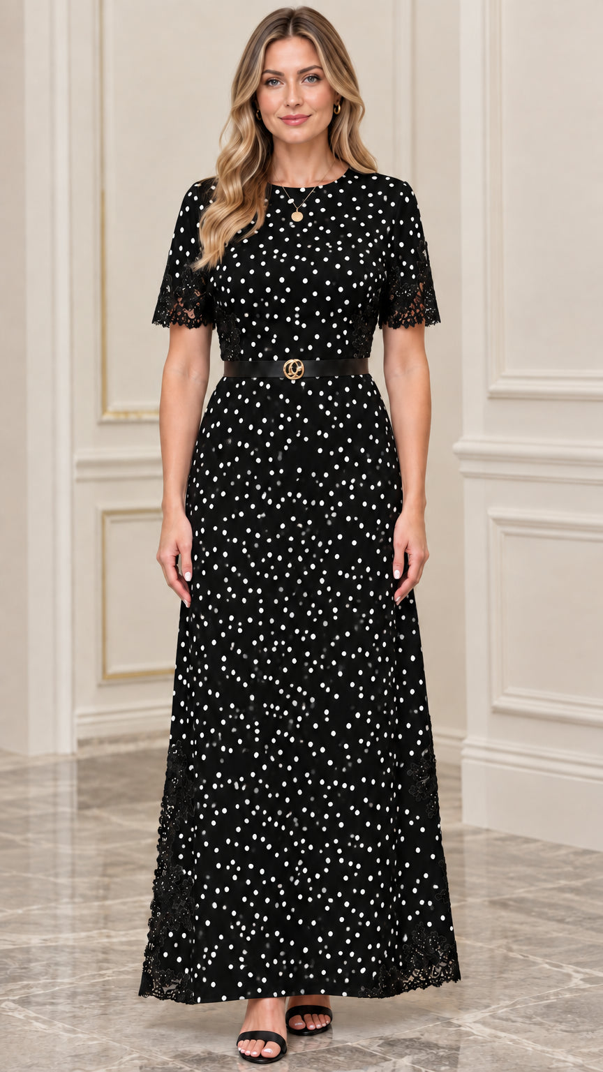Women's Polka Dot Lace-Trim Maxi Dress with Belt
