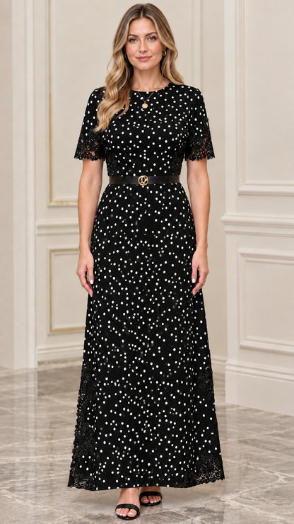 Women's Polka Dot Lace-Trim Maxi Dress with Belt