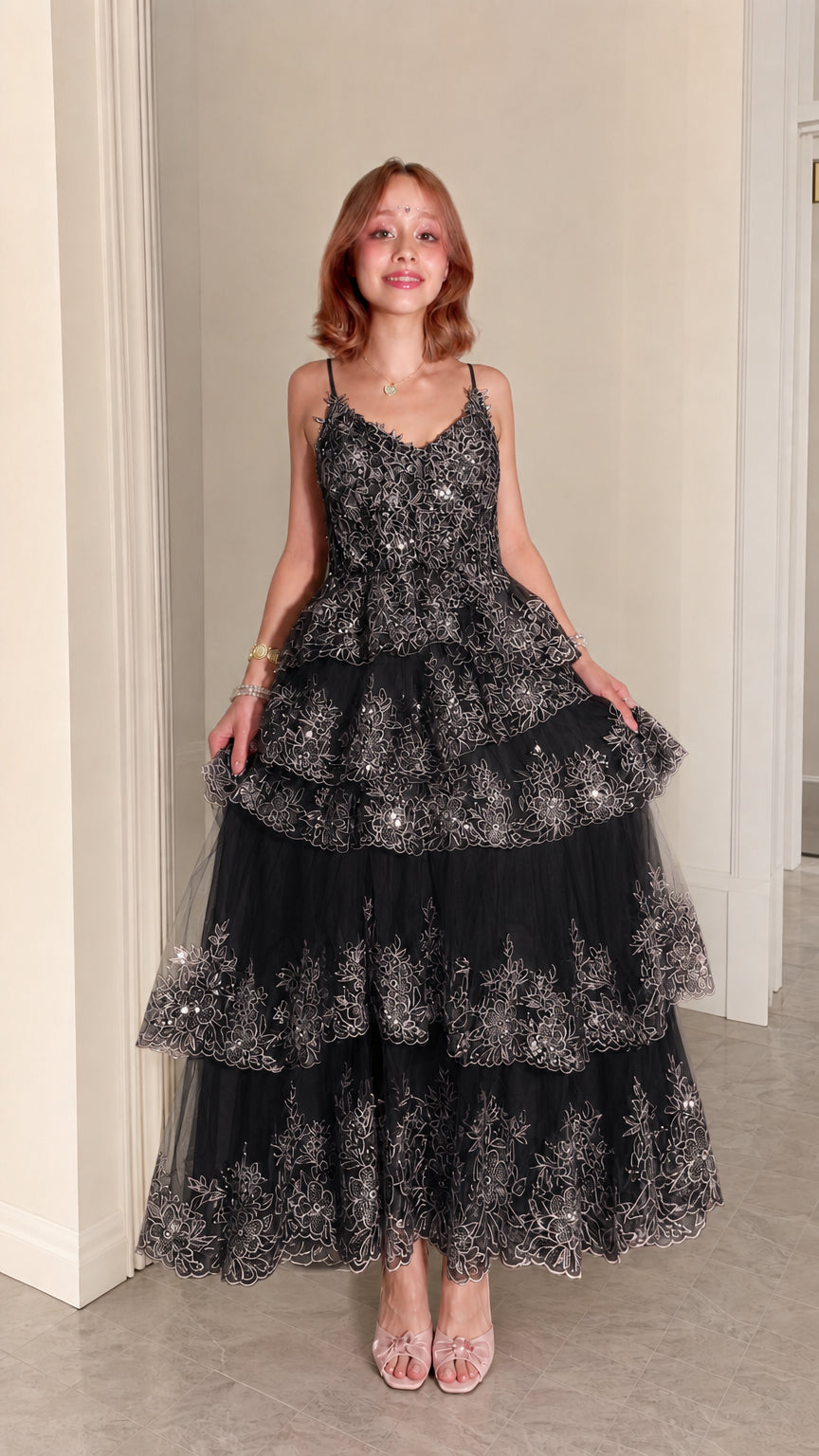 Women's Sequined Tiered Tulle Maxi Evening Gown
