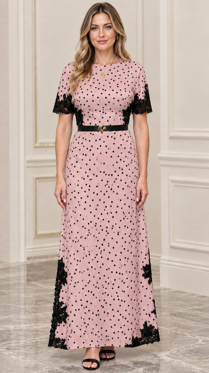 Women's Polka Dot Lace-Trim Maxi Dress with Belt