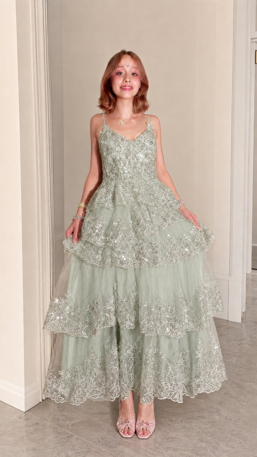 Women's Sequined Tiered Tulle Maxi Evening Gown