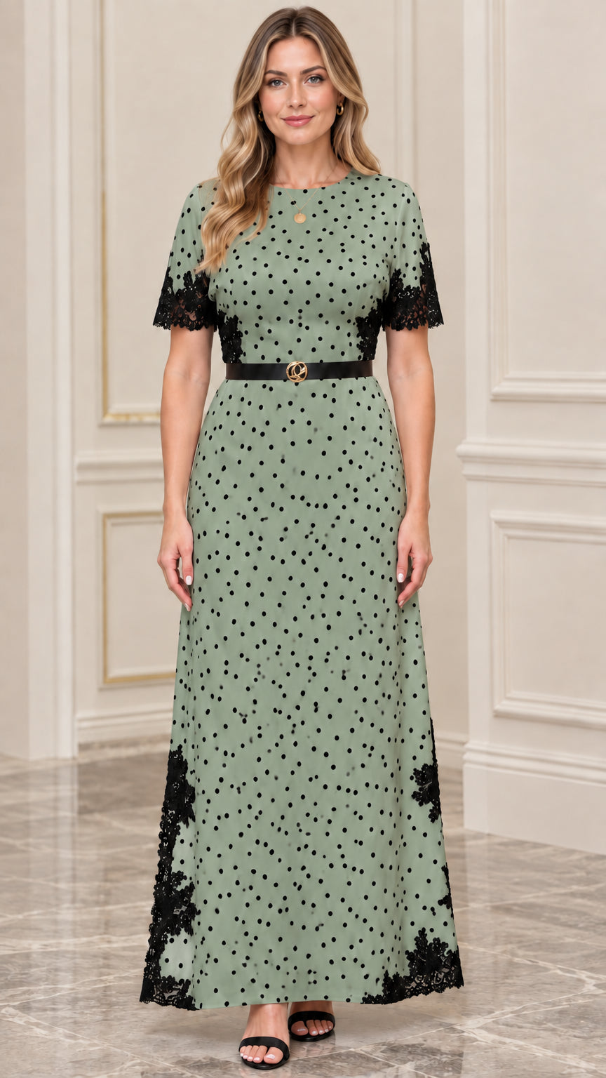 Women's Polka Dot Lace-Trim Maxi Dress with Belt