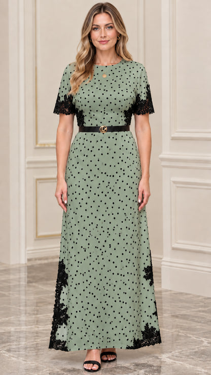 Women's Polka Dot Lace-Trim Maxi Dress with Belt