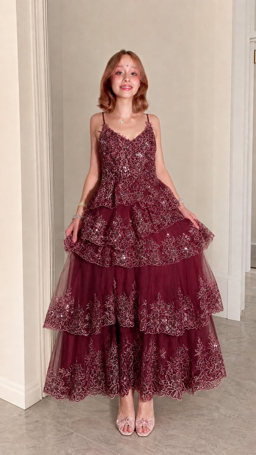 Women's Sequined Tiered Tulle Maxi Evening Gown