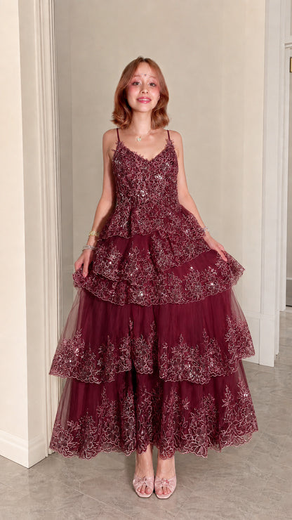 Women's Sequined Tiered Tulle Maxi Evening Gown