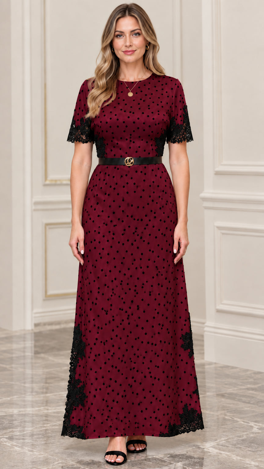 Women's Polka Dot Lace-Trim Maxi Dress with Belt