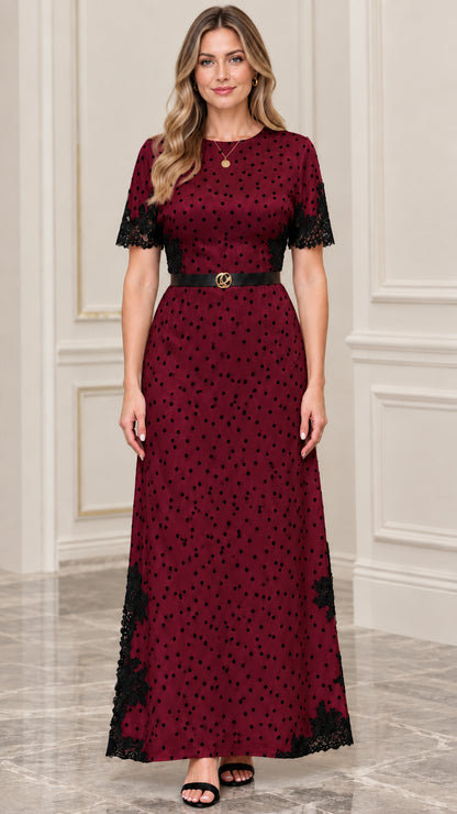 Women's Polka Dot Lace-Trim Maxi Dress with Belt