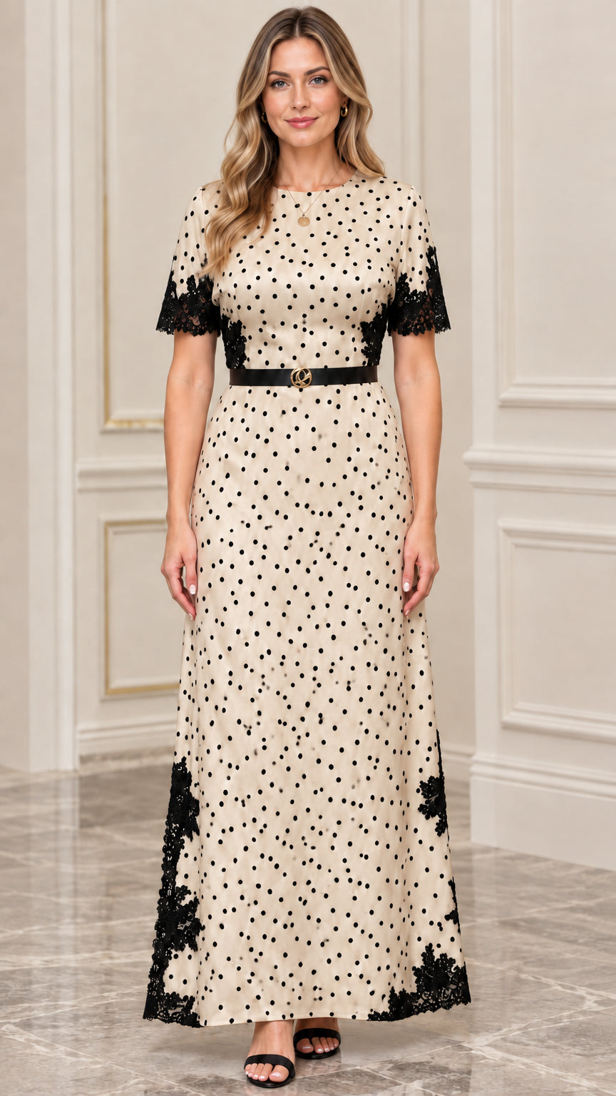 Women's Polka Dot Lace-Trim Maxi Dress with Belt