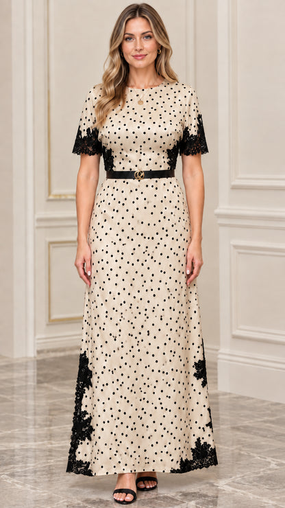 Women's Polka Dot Lace-Trim Maxi Dress with Belt