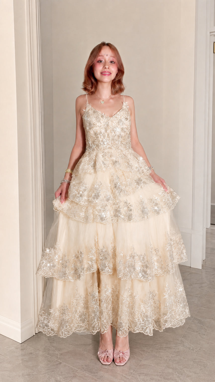 Women's Sequined Tiered Tulle Maxi Evening Gown