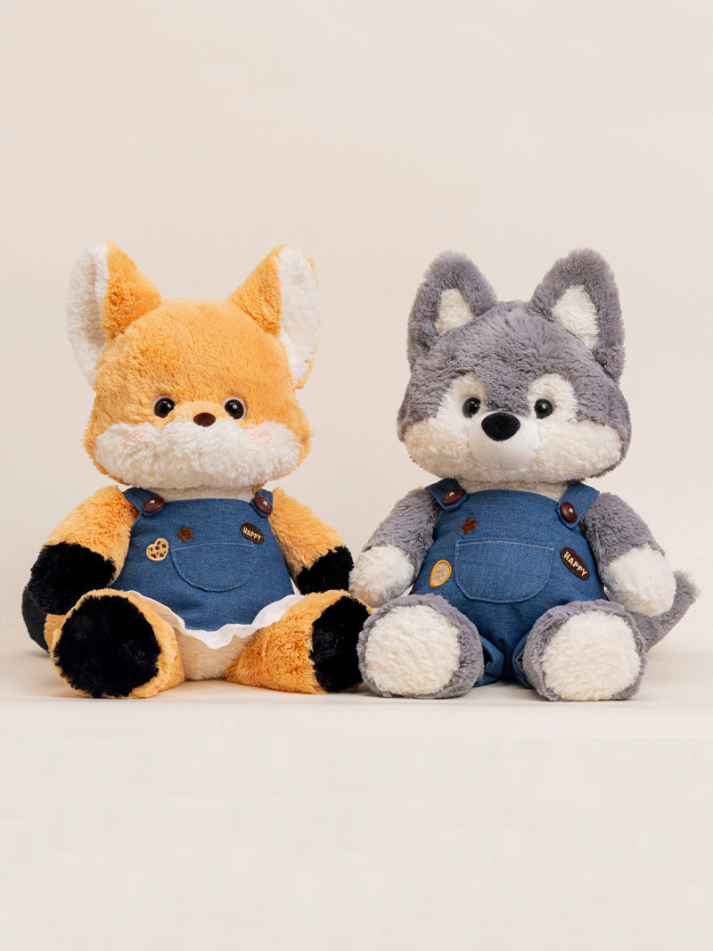 Adorable Fox and Wolf Plush Toys in Denim Overalls