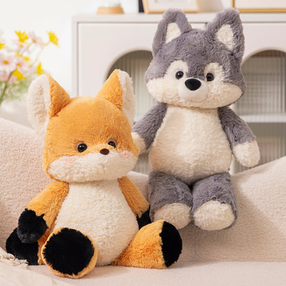 Adorable Fox and Wolf Plush Toys in Denim Overalls