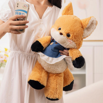 Adorable Fox and Wolf Plush Toys in Denim Overalls