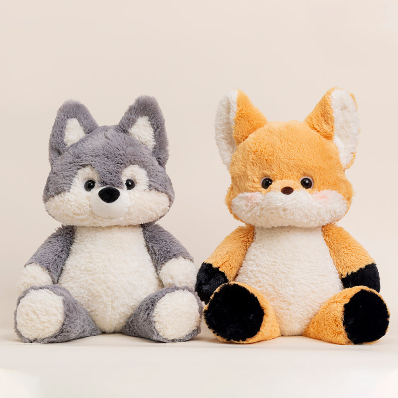 Adorable Fox and Wolf Plush Toys in Denim Overalls
