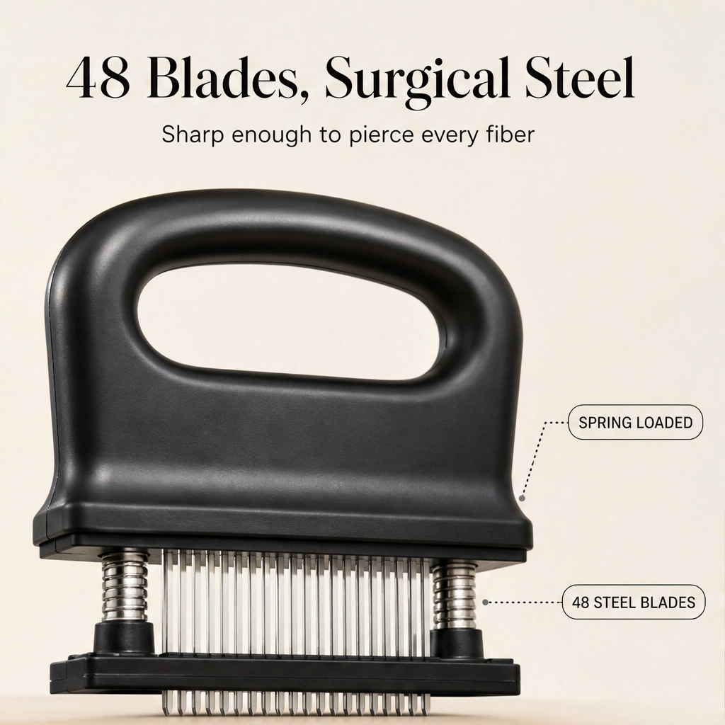 Maviglow™ – 48-Blade Spring-Loaded Meat Tenderizer with Safety Cover 