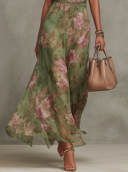 Women's Floral Chiffon Halter Maxi Dress Green