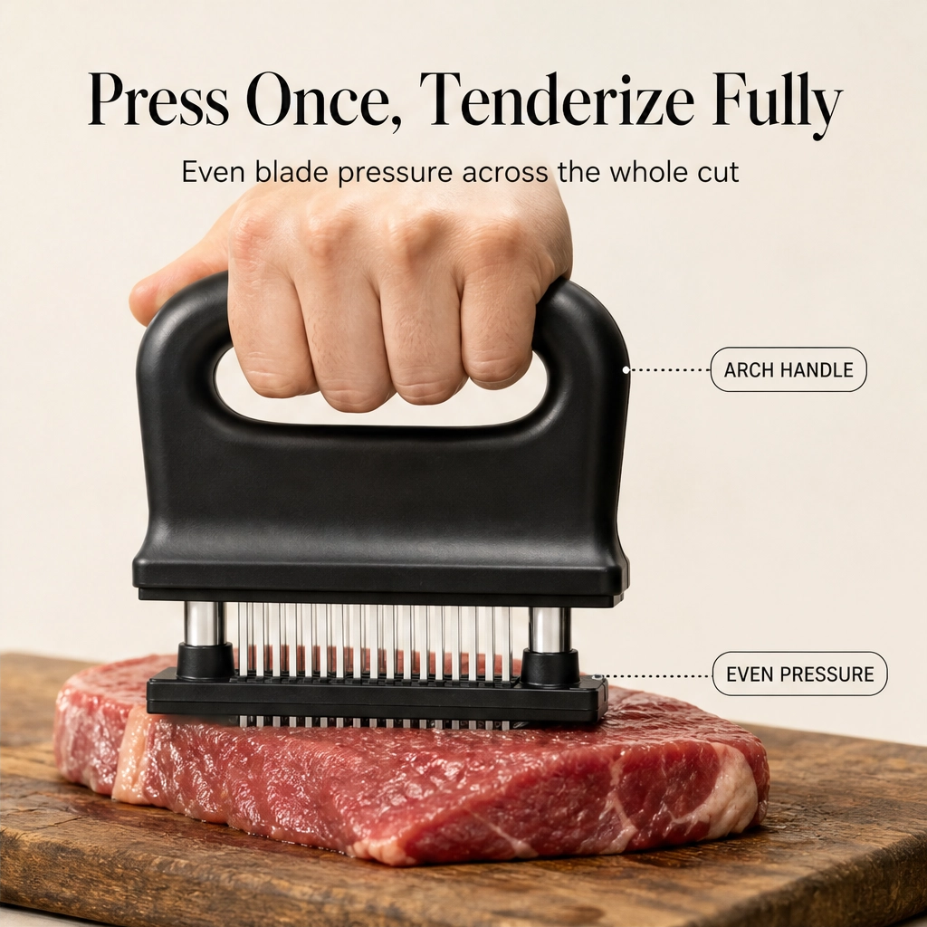 Maviglow™ – 48-Blade Spring-Loaded Meat Tenderizer with Safety Cover 