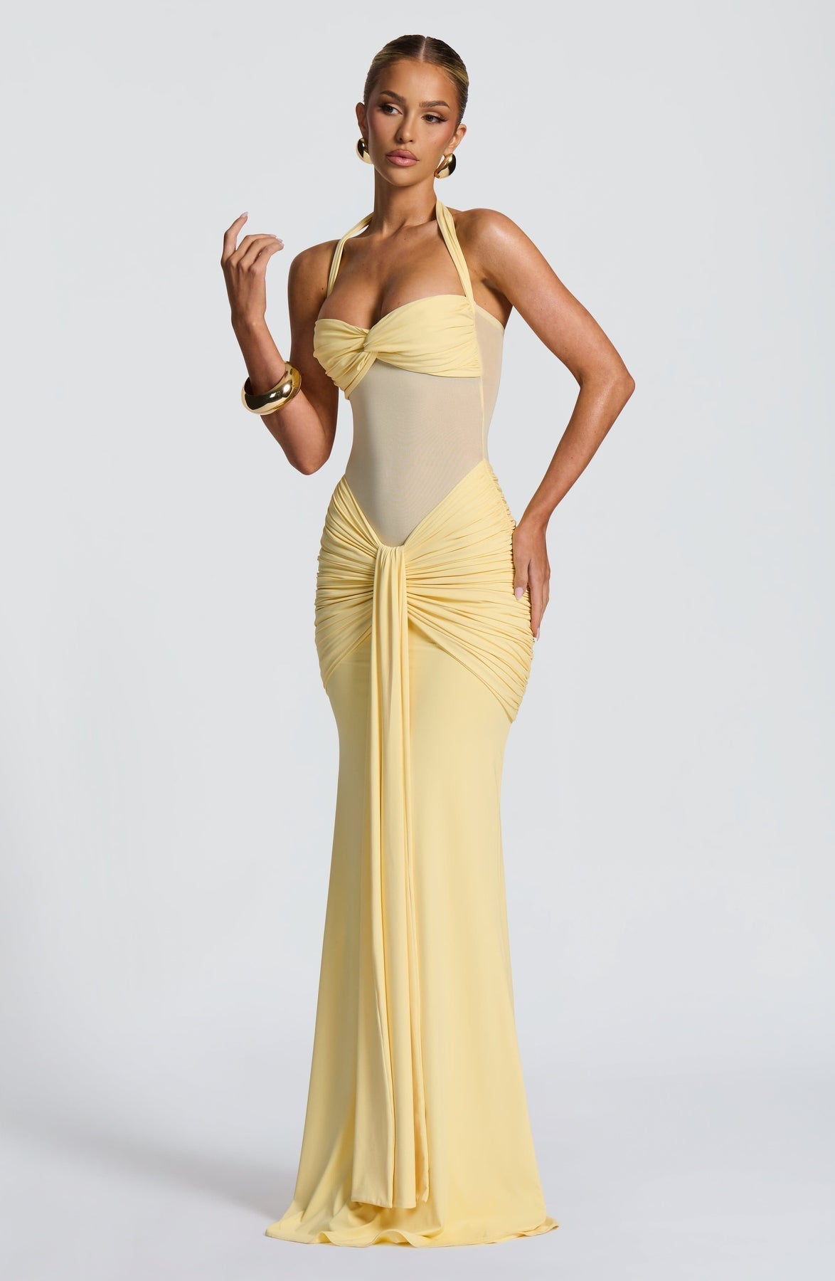 Amalina — Sheer Mesh Maxi Dress with Ruched Waist for Summer Nights