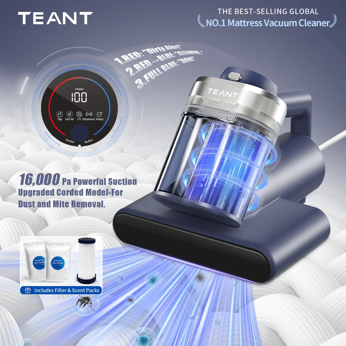Teant Mattress Vacuum Cleaner with UV-C, HEPA Filter & 16,000Pa Suction