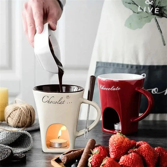 Premium Ceramic Chocolate Fondue Mug Set with Tea Light Warmer - Romantic Date Night Essential