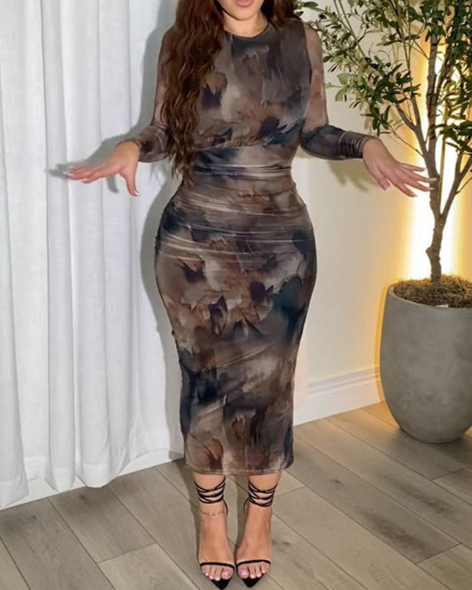 Tie Dye Mesh Long Sleeve Bodycon Midi Dress