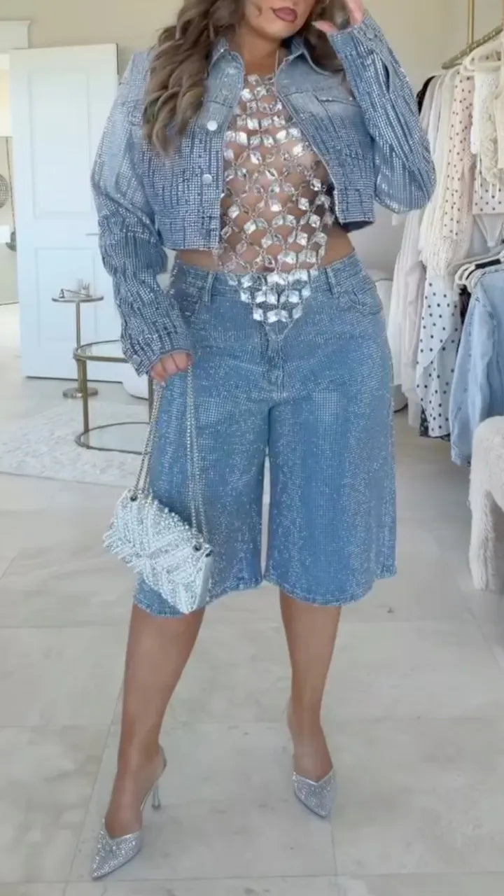 Women's Rhinestone Denim Cropped Jacket and Jort Short Set