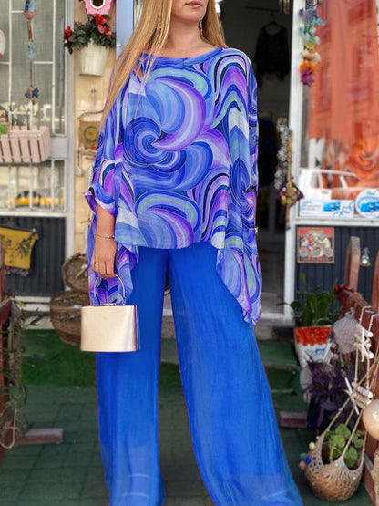 New Colorful Chiffon Set Casual Round Neck Print