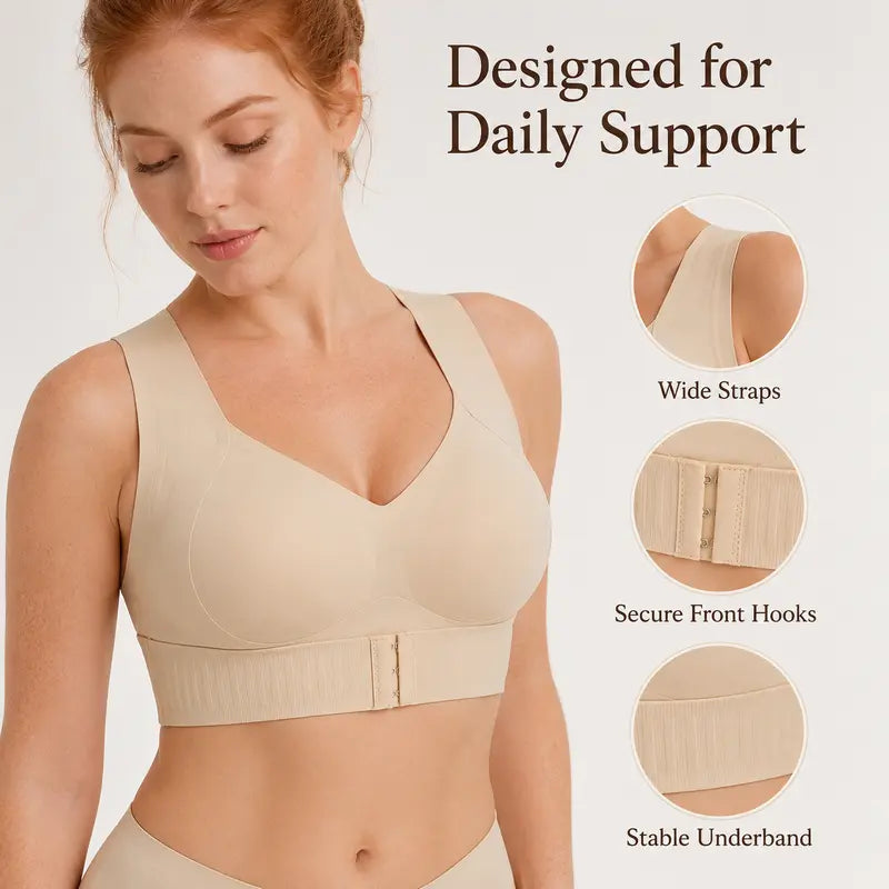 Women's Wireless Posture Correction Bra Front Closure Wide Straps