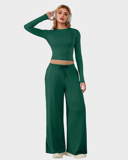 Wide-Leg Lounge Set for Women Stretchy Crop Top & Pants