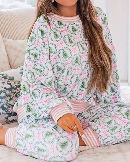Women’s Christmas Loungewear Set – Tree & Bow Print Two-Piece Pajamas, Long Sleeve Top & Pants