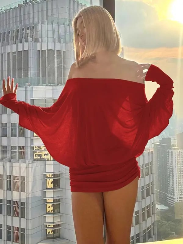 Women's Solid Off The Shoulder Sheer Ruched Dress