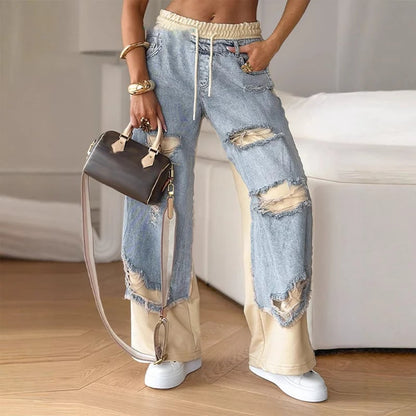 ✨Patchwork Denim Elastic Drawstring Wide-Leg Pants