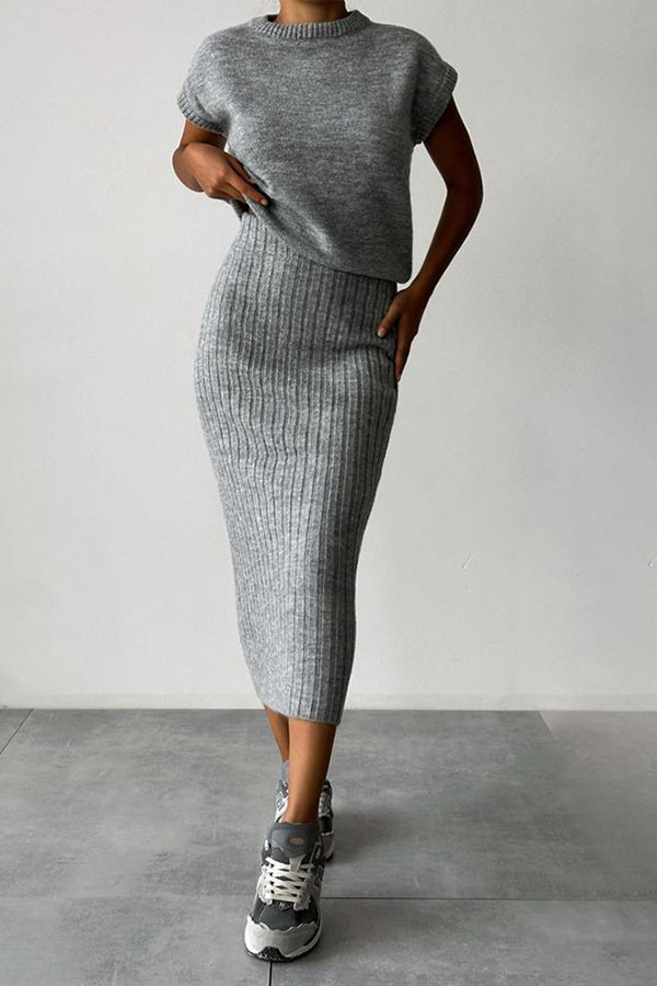 Knit Short Sleeve Sweater and Stretch Ribbed Midi Skirt Set