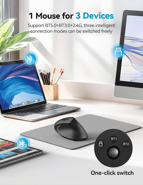 🖱️ Ergonomic Vertical Mouse | Christmas SALE 50% OFF | 87% Less Wrist Strain, 3-Device Bluetooth Switch | Perfect Gift for Office & Home Office Setup 🎄✨