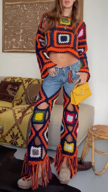 Women's Grid Crochet Knit and Ripped Denim Pants Set